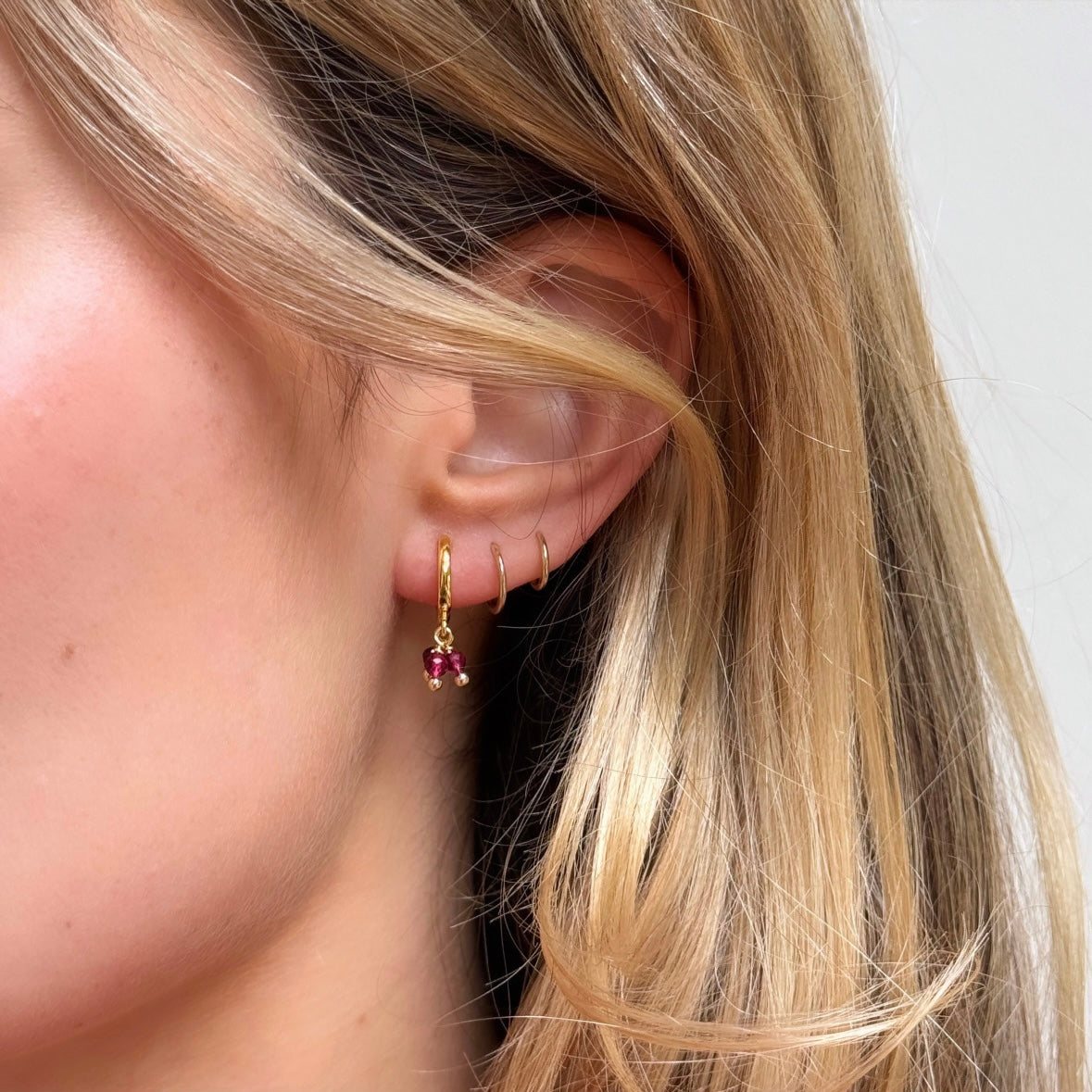 Single Mini Hoop Huggie Earring With Triple Pink Garnet Drop