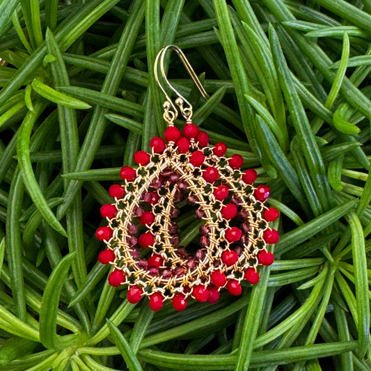 Ruby Red & Pink Jade Medium Rolo Teardrop Beaded Earrings