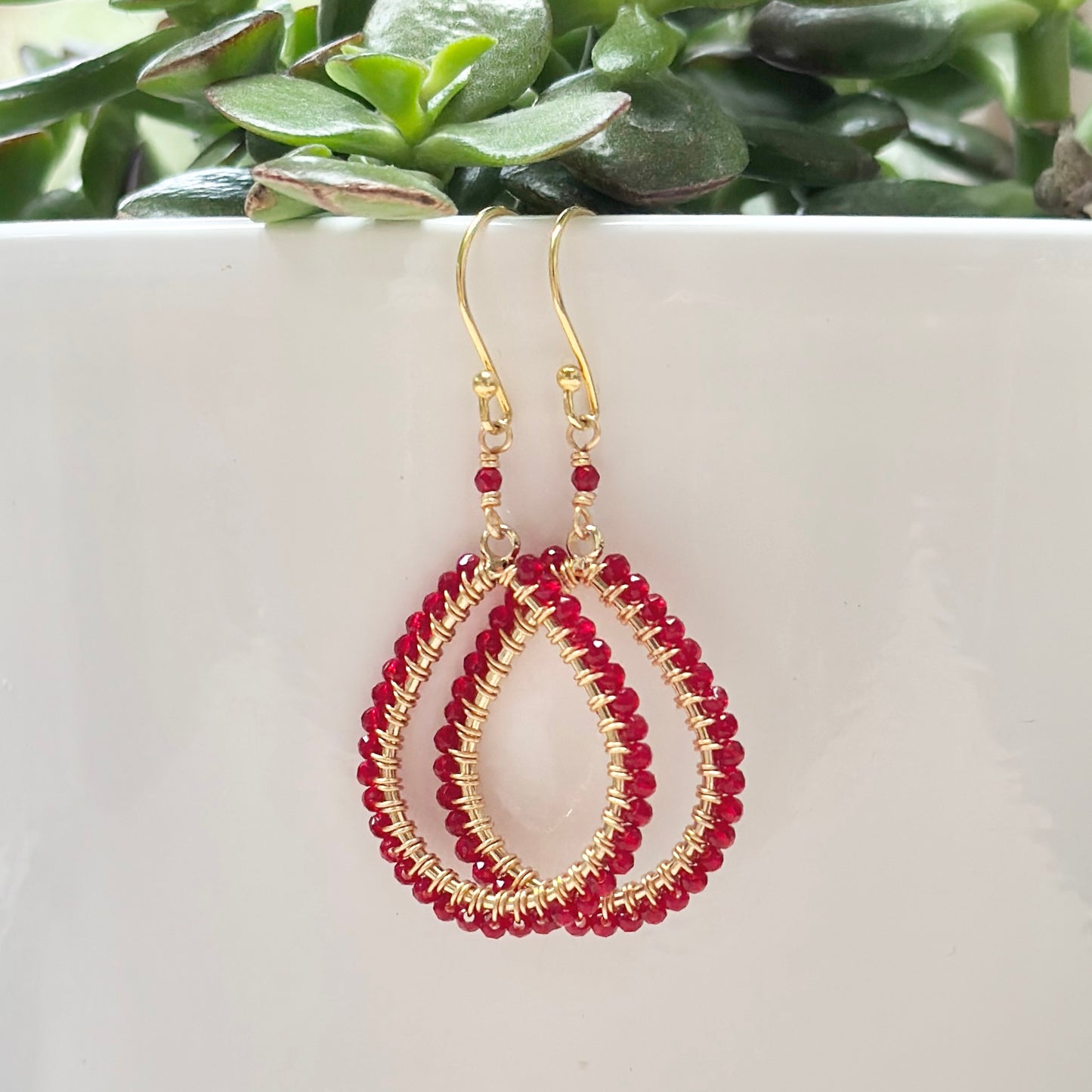 Red Jade Midi Teardrop Beaded Earrings