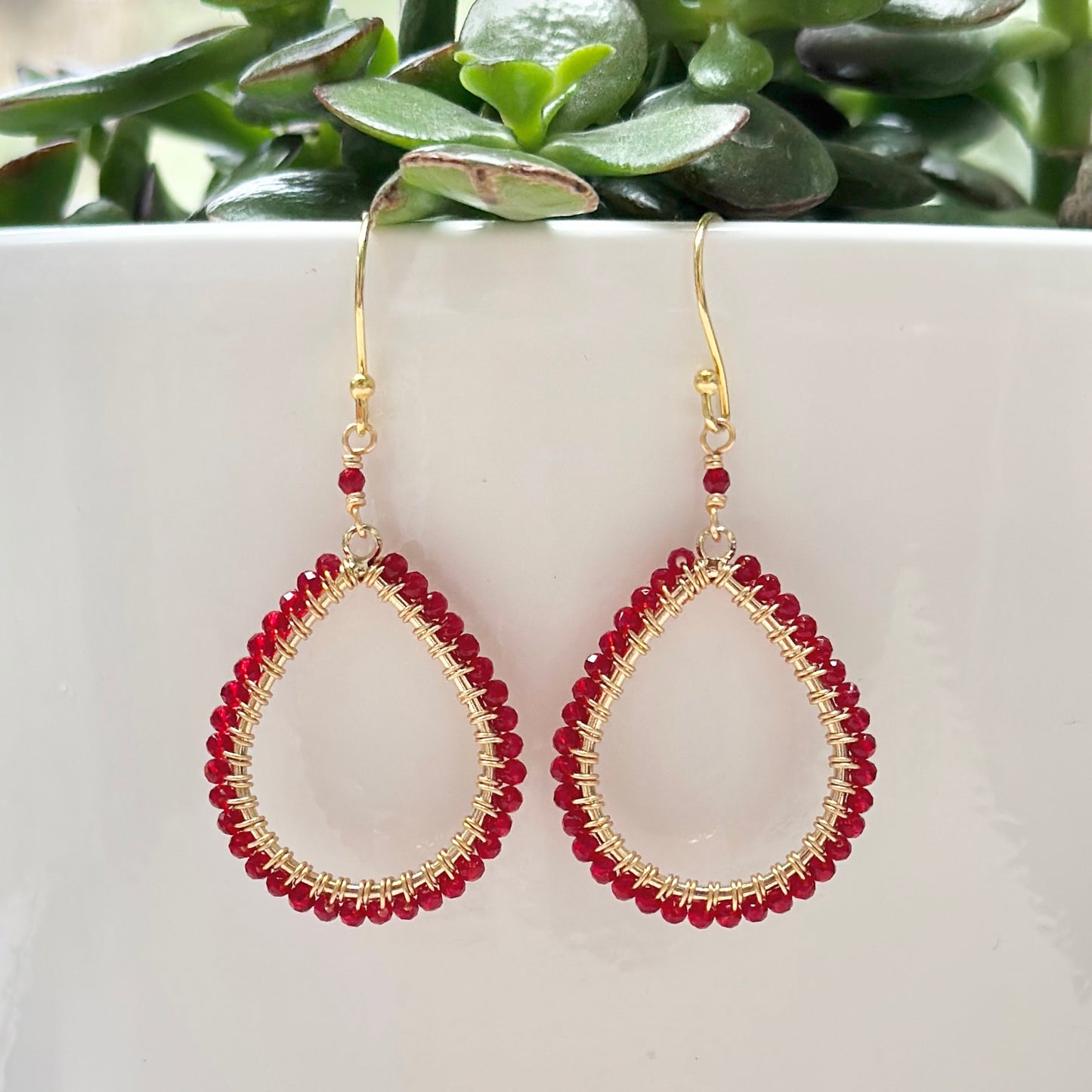 Red Jade Midi Teardrop Beaded Earrings