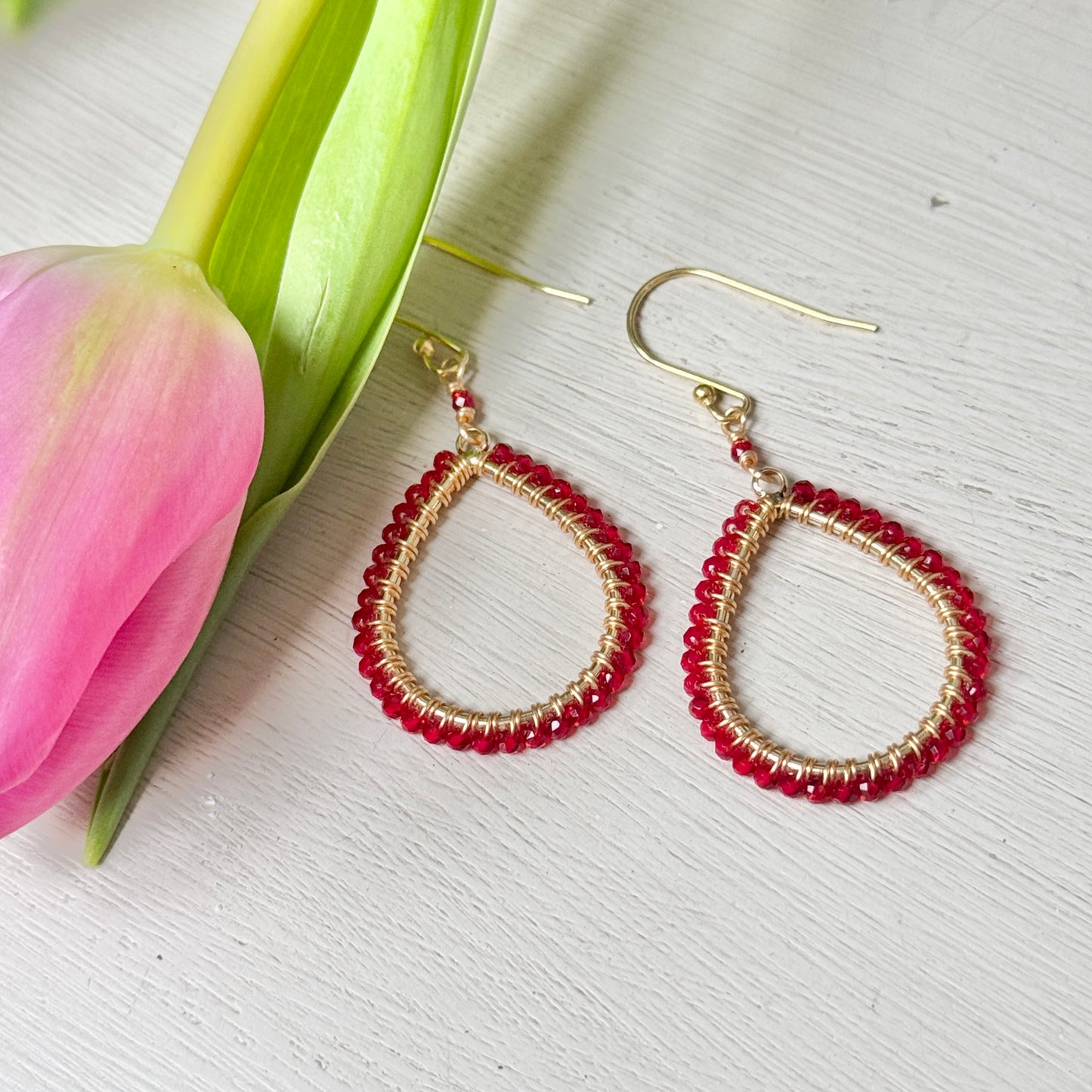 Red Jade Midi Teardrop Beaded Earrings