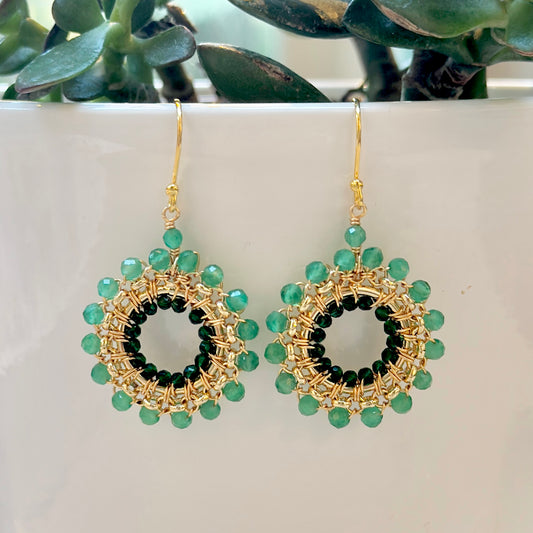 Dark Mint Green Jade & Emerald Green Jade Rolo Round Beaded Earrings