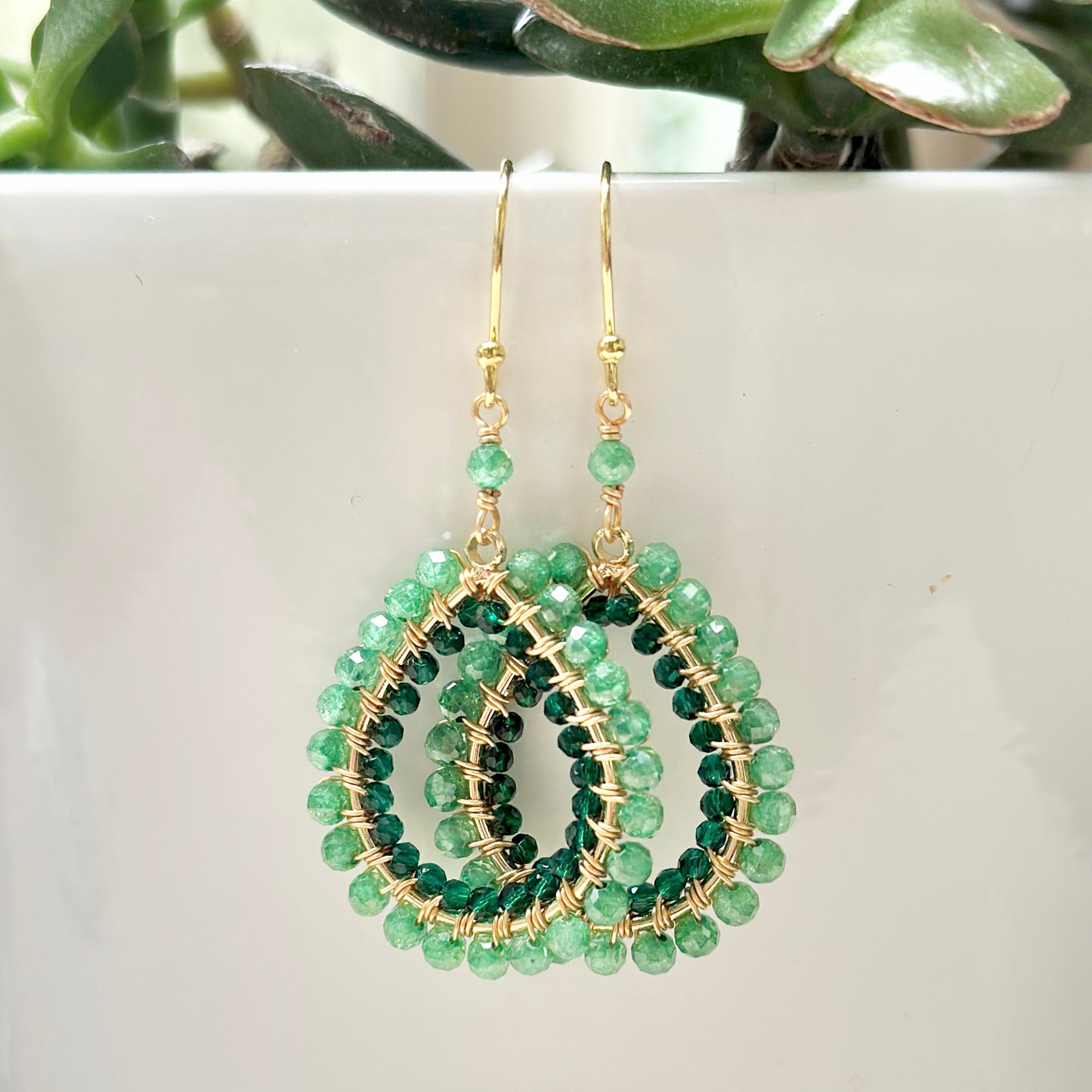 Apple Green Jade & Emerald Green Jade Double Beaded Midi Teardrop Earrings