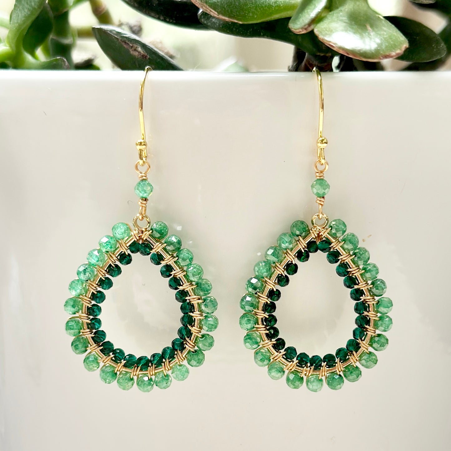 Apple Green Jade & Emerald Green Jade Double Beaded Midi Teardrop Earrings