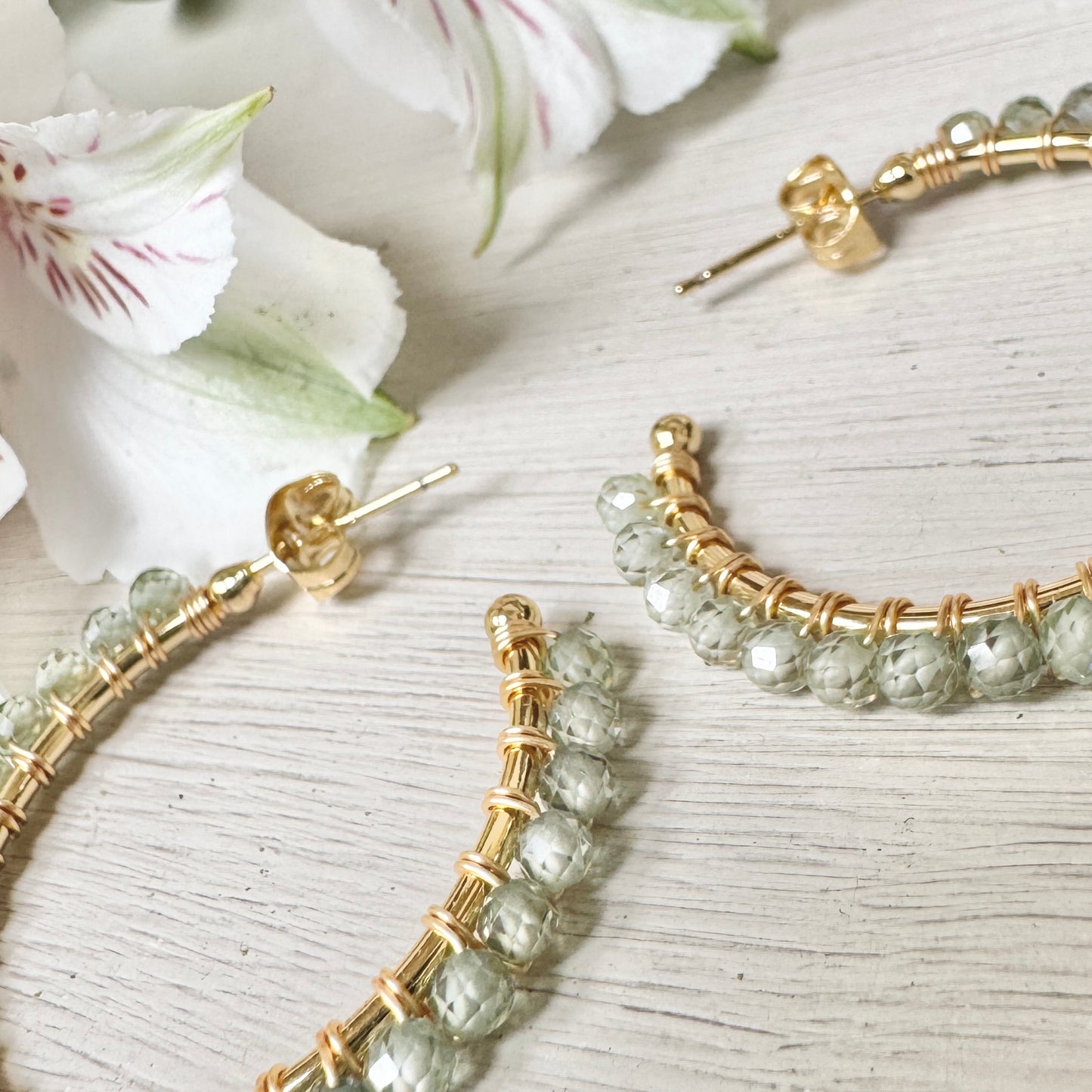 Sage Green Quartz Solid Midi Hoop Beaded Earrings