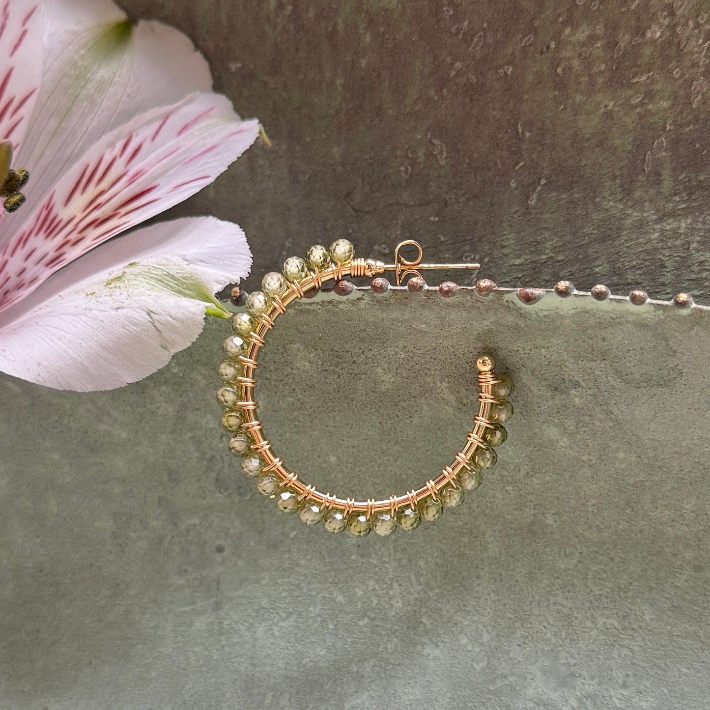 Mid Olive Green Peridot Solid Midi Hoop Beaded Earrings