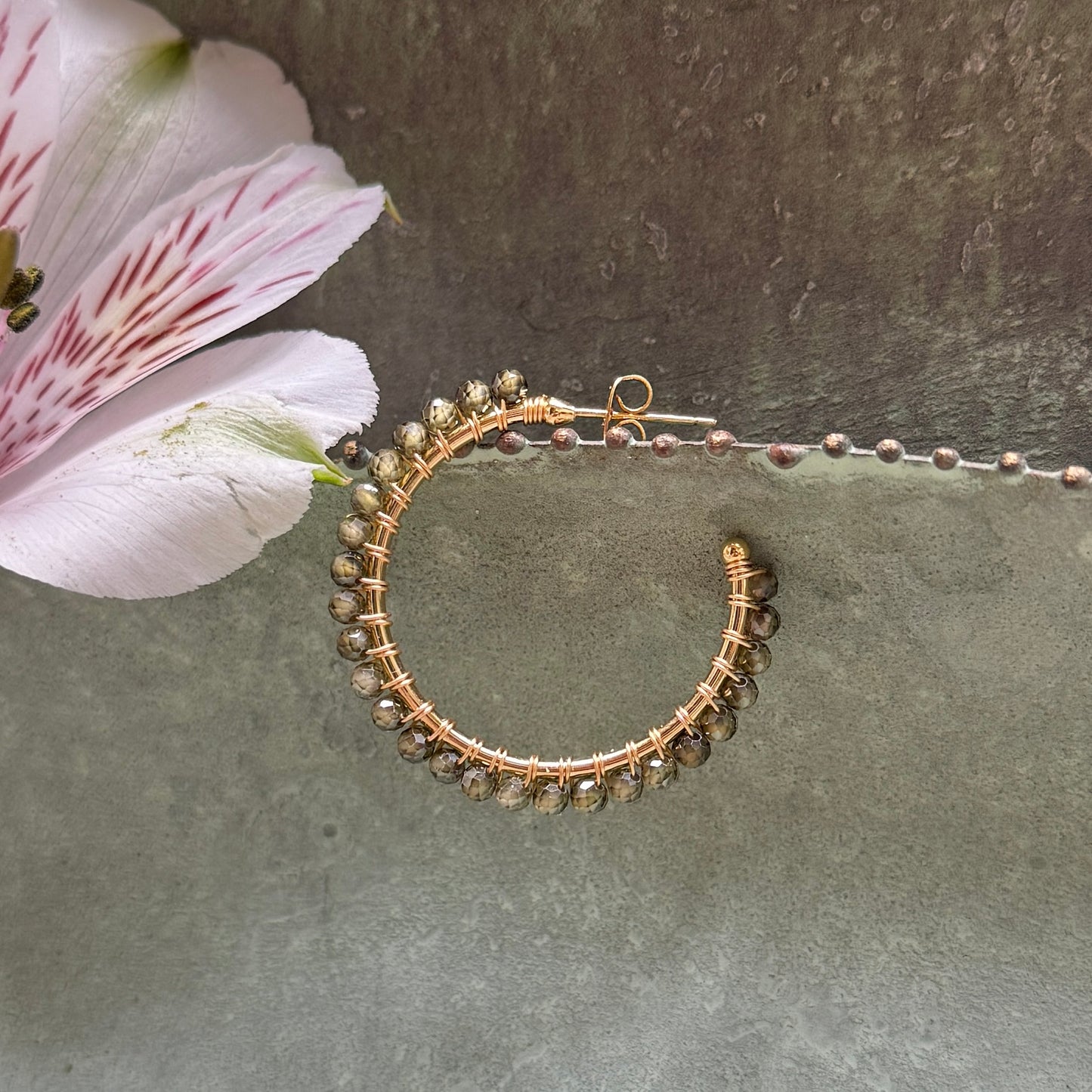 Dark Olive Green Peridot Solid Midi Hoop Beaded Earrings