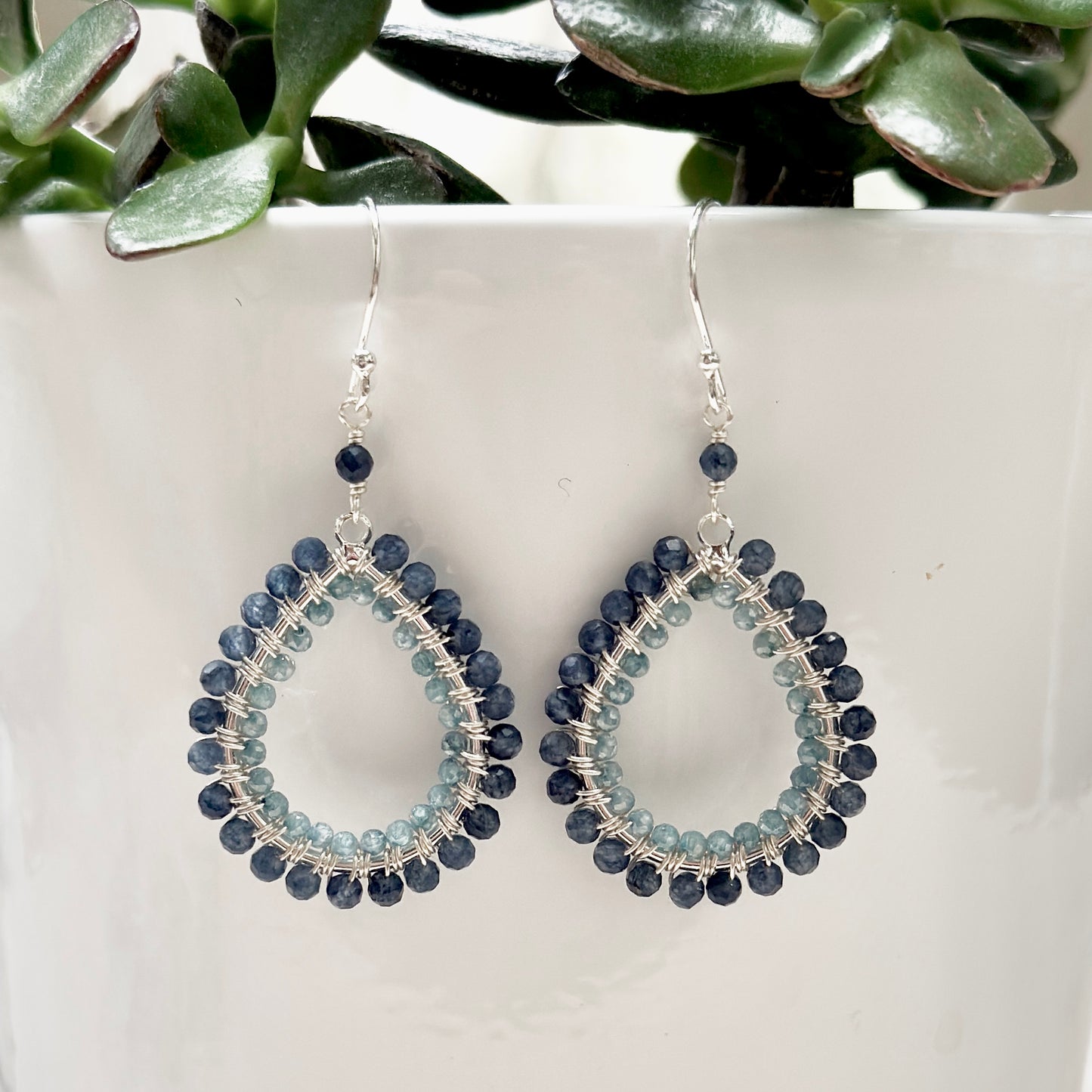 Dark Denim Blue Iolite & Pale Denim Blue Double Beaded Midi Teardrop Earrings (Silver)