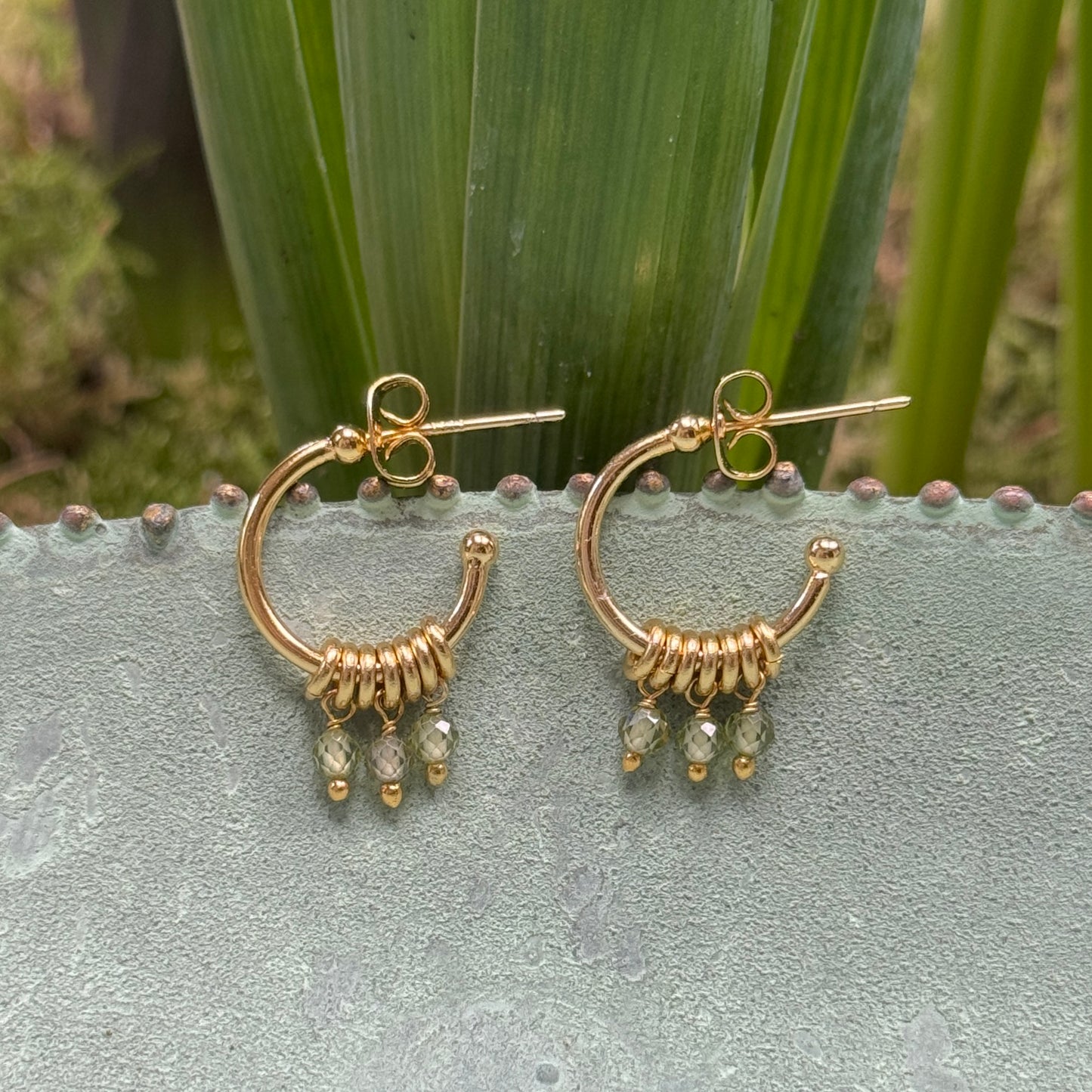 Mid Olive Green Peridot 3-Bead Mini Hoop Earrings