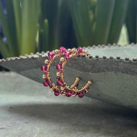 Fuchsia Pink & Burgundy Garnet Mini Bobble Hoop Beaded Earrings