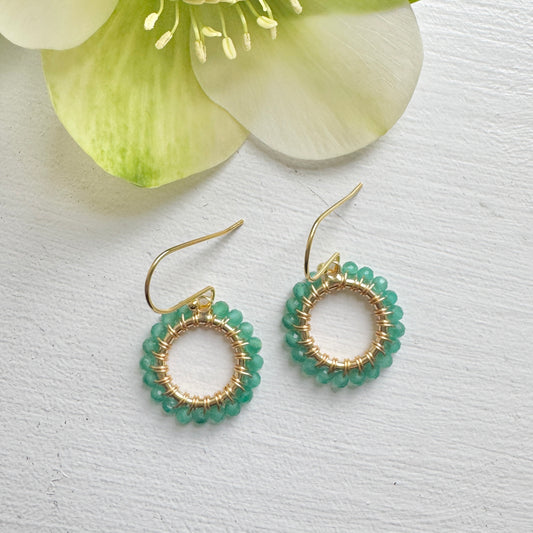 Dark Mint Green Jade Mini Round Beaded Earrings