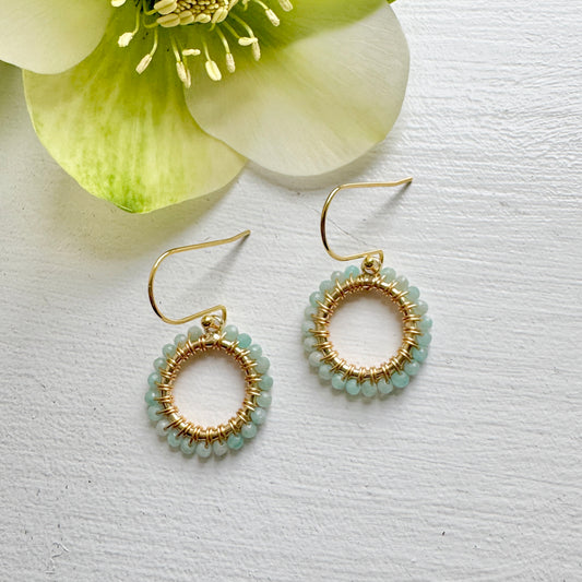 Pale Mint Green Amazonite Mini Round Beaded Earrings