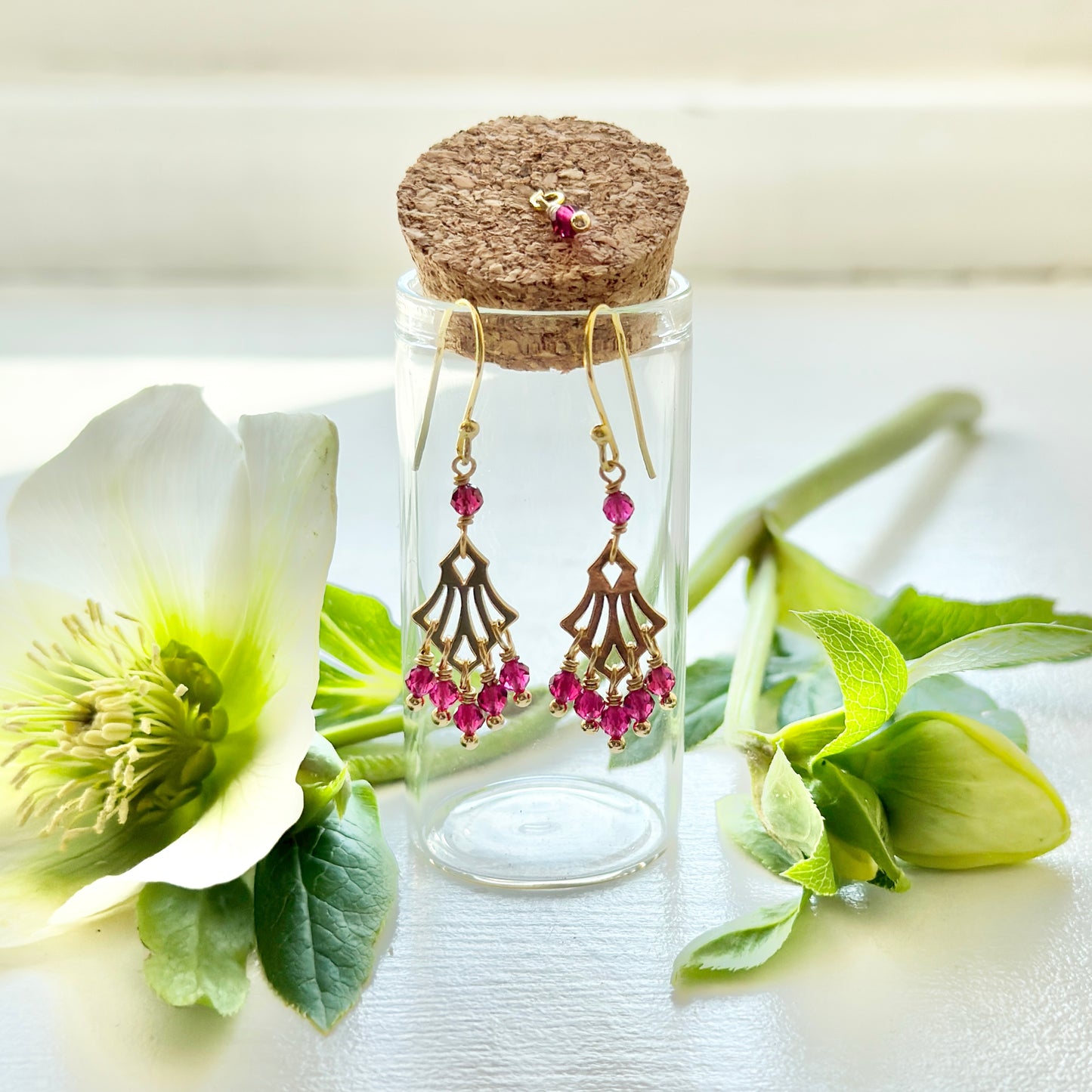 Boho Fuchsia Pink Garnet Drop Earrings in Corked Tube