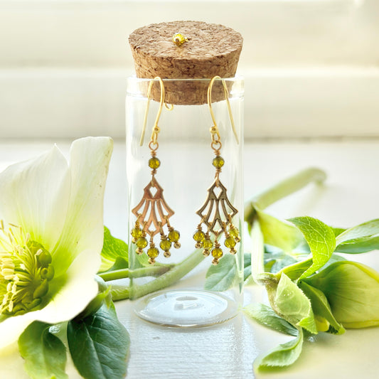 Boho Mid Olive Green Peridot Drop Earrings in Corked Tube