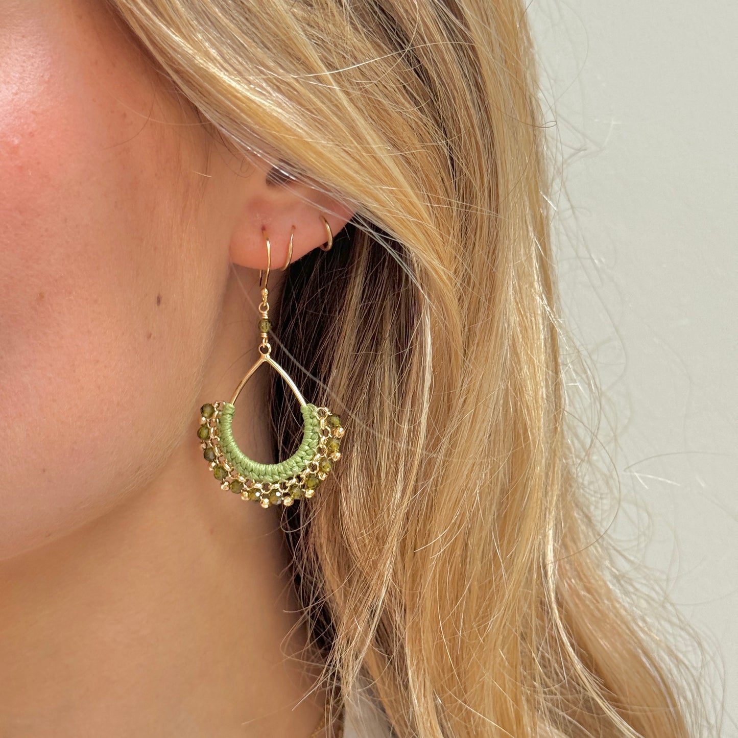 Olive Green Peridot & Gold Pyrite Boho Wrapped Teardrop Earrings