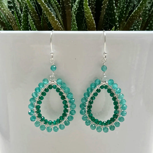 Seafoam Green Jade & Teal Quartz Double Beaded Teardrop Earrings (Silver)