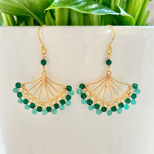 Emerald Green & Mint Green Jade Rolo Fan Beaded Earrings