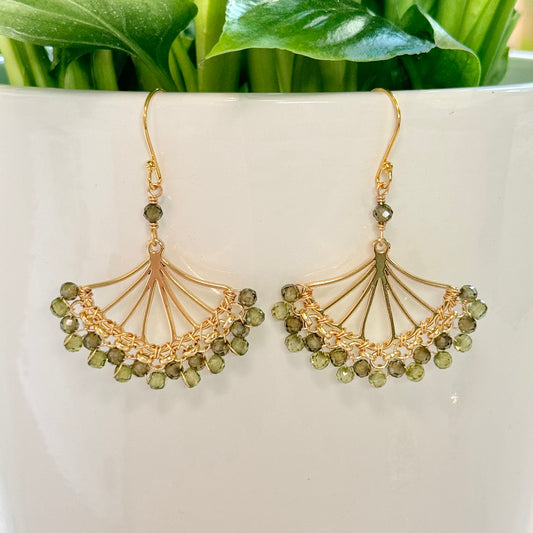 Pale Olive Green Peridot & Dark Peridot Rolo Fan Beaded Earrings