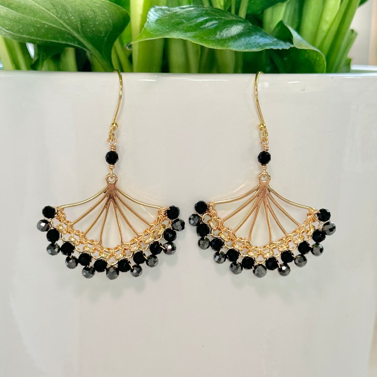 Black Onyx & Sparkly Charcoal Grey Hematite Rolo Fan Beaded Earrings