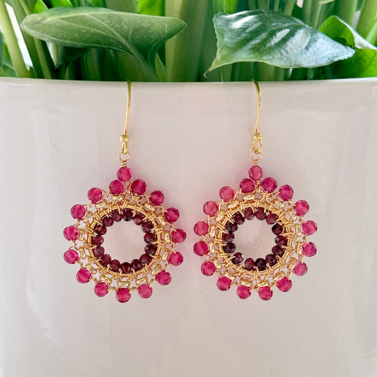 Fuchsia Pink Garnet & Burgundy Garnet Rolo Round Beaded Earrings