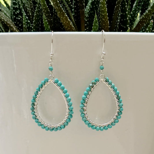 Turquoise Blue Teardrop Beaded Earrings (Silver)