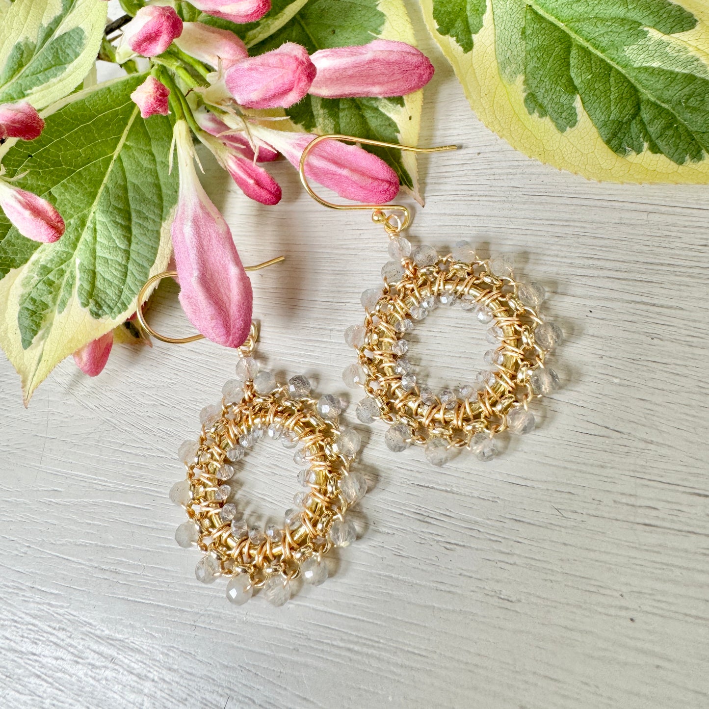 Grey Labradorite & Crystal Rolo Round Beaded Earrings