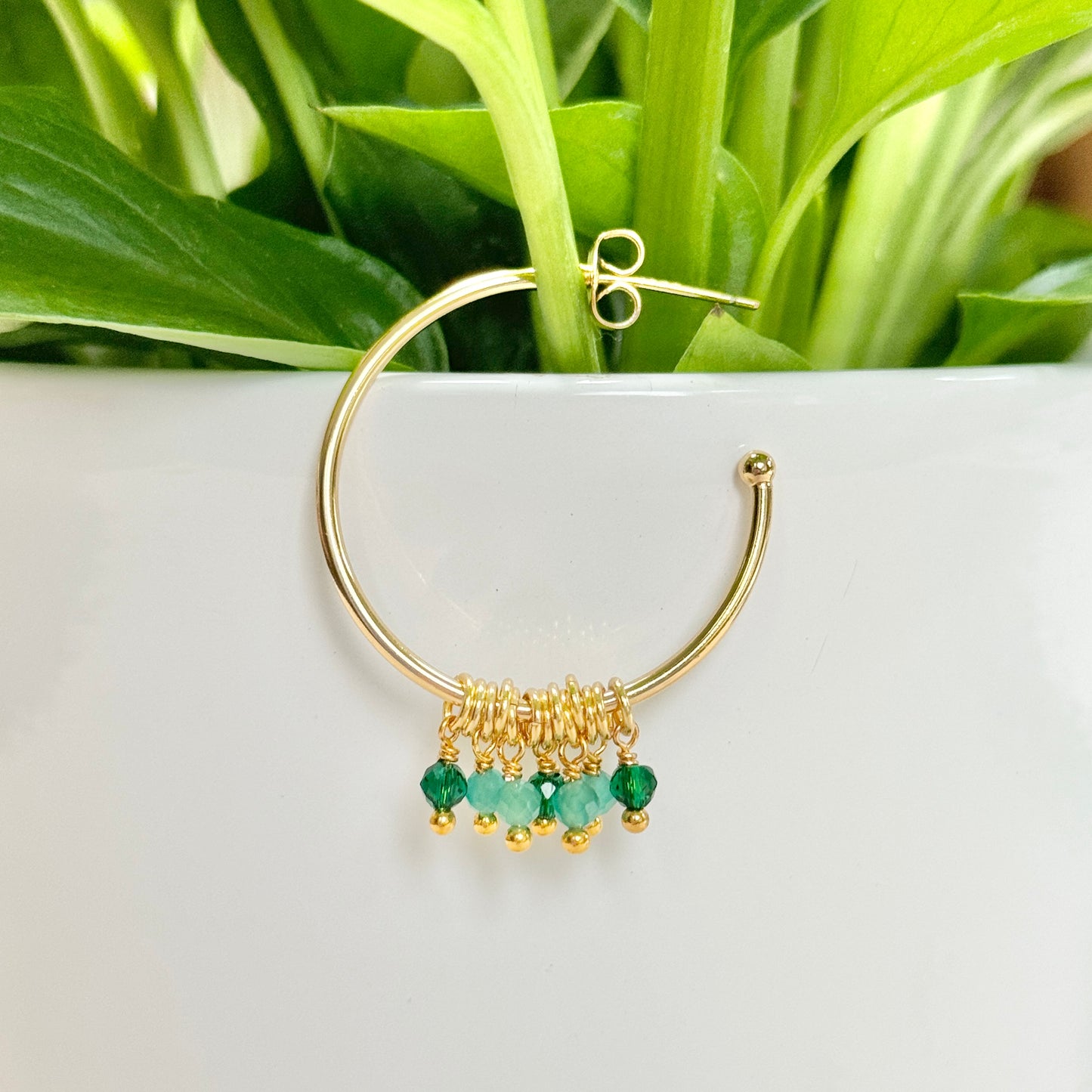 Emerald Green Jade & Mint Jade 7-Bead Midi Hoop Earrings