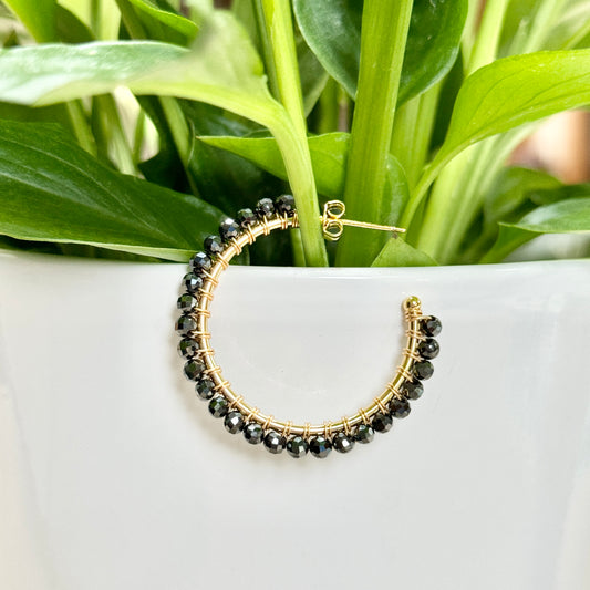 Charcoal Hematite Solid Midi Hoop Beaded Earrings