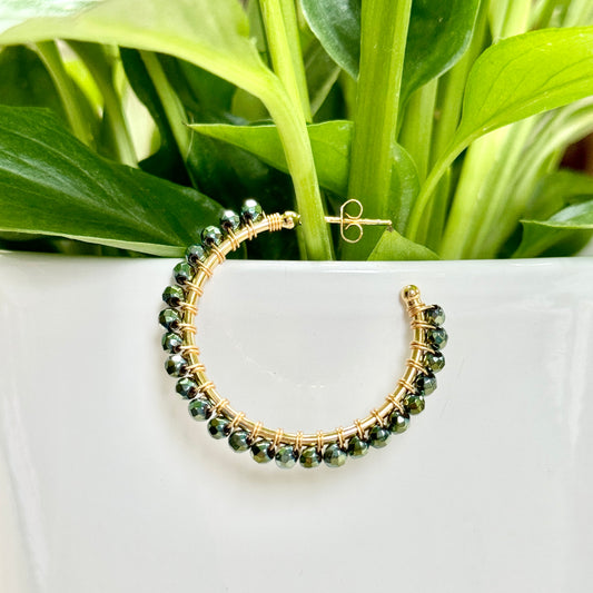 Petrol Green Pyrite Solid Midi Hoop Beaded Earrings