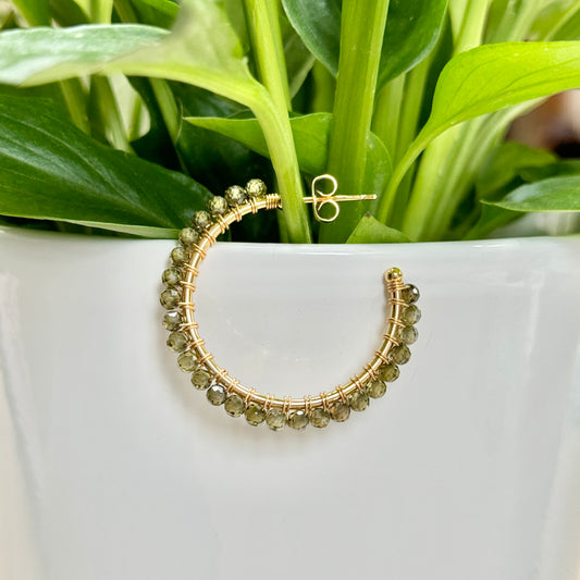 Dark Olive Green Peridot Solid Midi Hoop Beaded Earrings