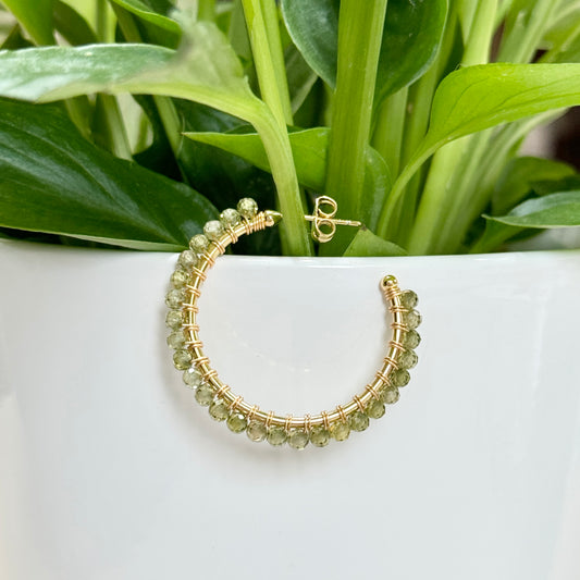 Mid Olive Green Peridot Solid Midi Hoop Beaded Earrings