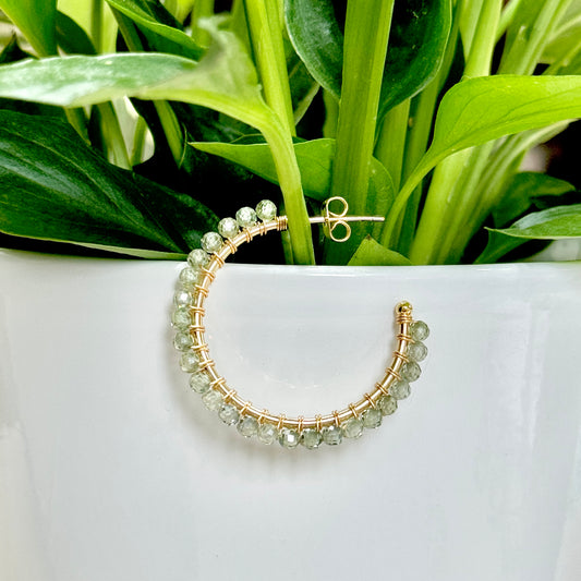 Sage Green Quartz Solid Midi Hoop Beaded Earrings