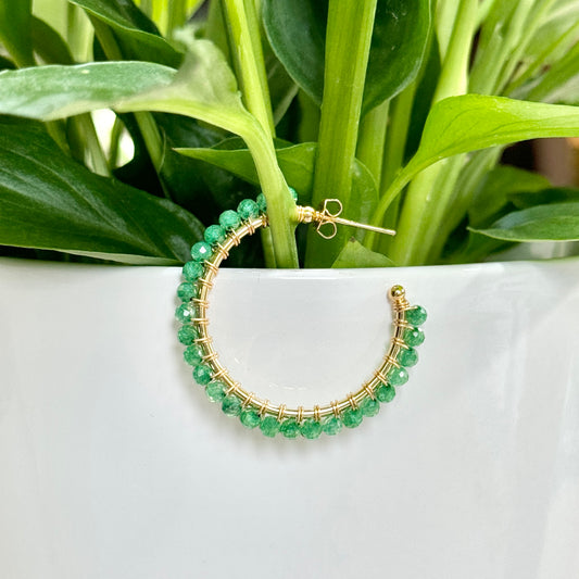 Apple Green Jade Solid Midi Hoop Beaded Earrings