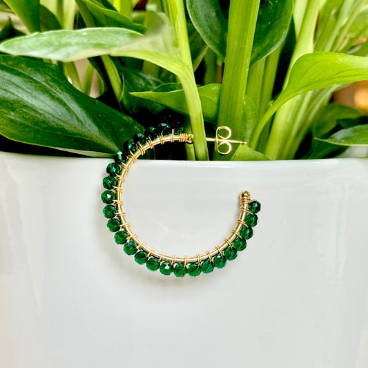 Emerald Green Jade Solid Midi Hoop Beaded Earrings