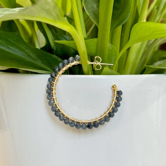 Dark Denim Blue Iolite Solid Midi Hoop Beaded Earrings