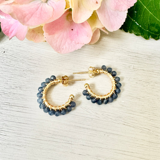 Chunky Dark Denim Blue Iolite Mini Hoop Beaded Earrings