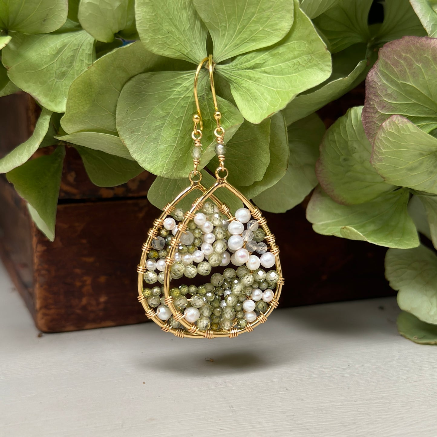 Mandala Olive Green Peridot & Pearl Beaded Teardrop Earrings