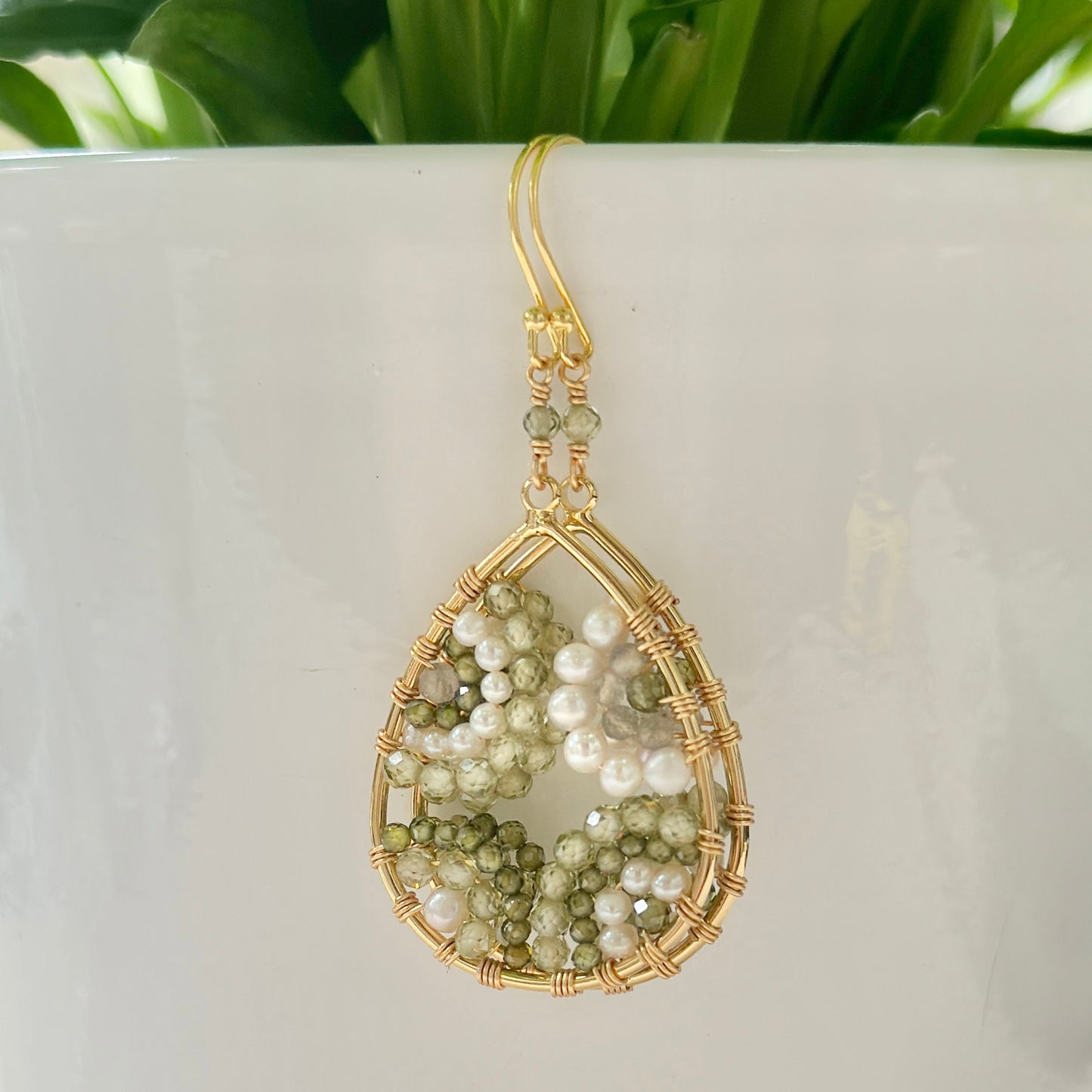 Mandala Olive Green Peridot & Pearl Beaded Teardrop Earrings