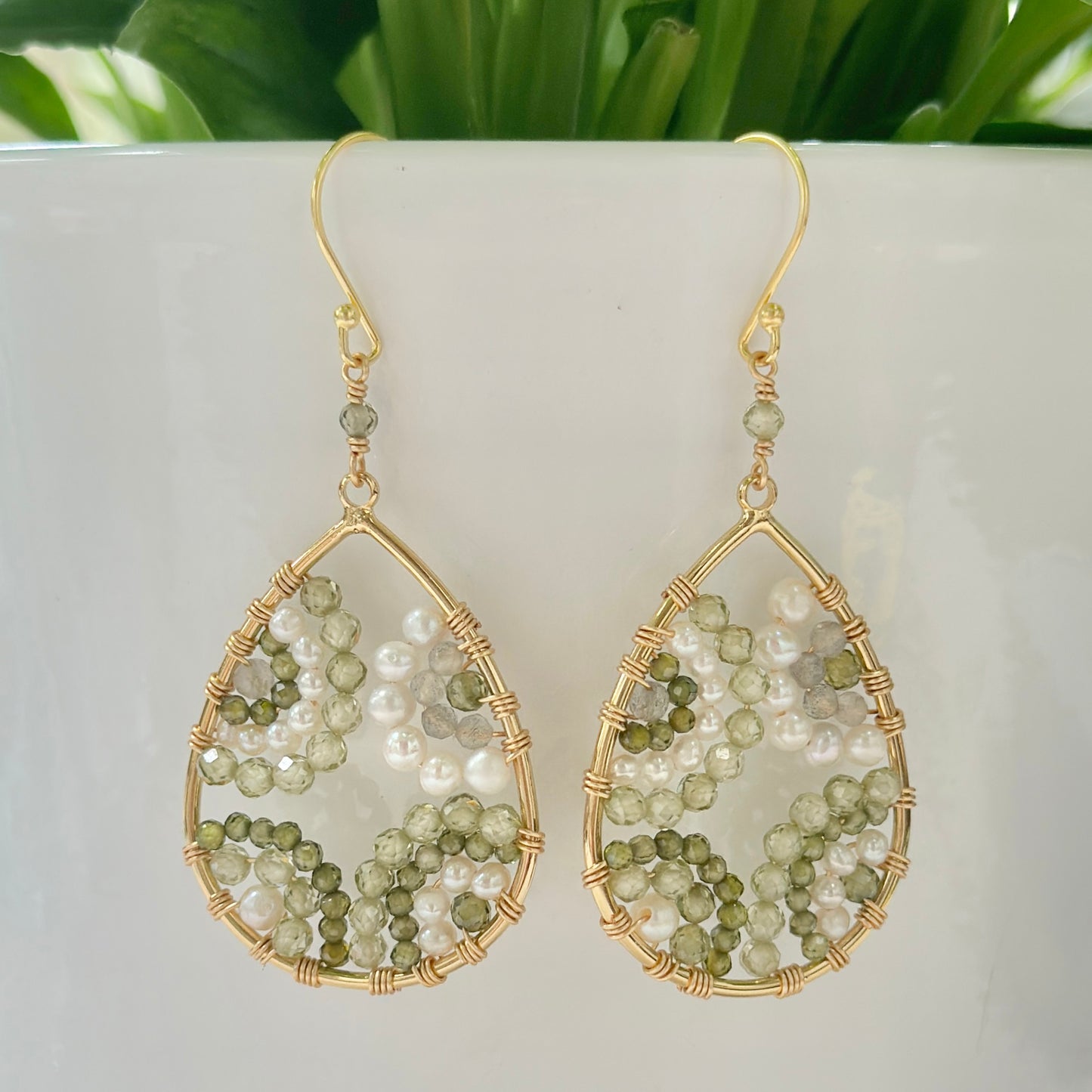 Mandala Olive Green Peridot & Pearl Beaded Teardrop Earrings