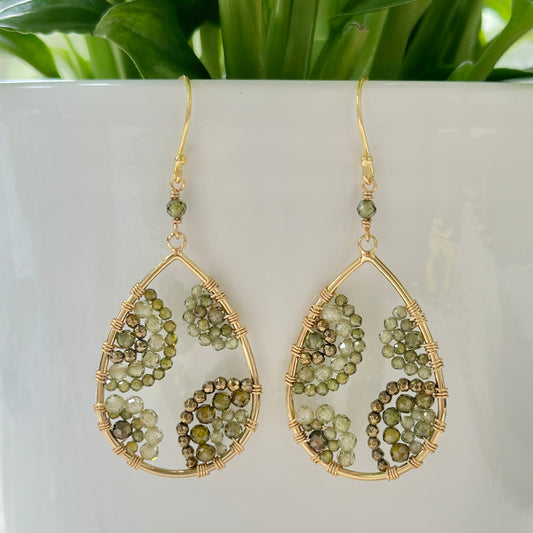 Mandala Olive Green Peridot Beaded Teardrop Earrings