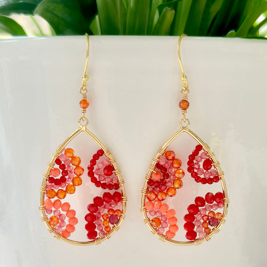 Mandala Red, Pink & Orange Tutti Frutti Beaded Teardrop Earrings