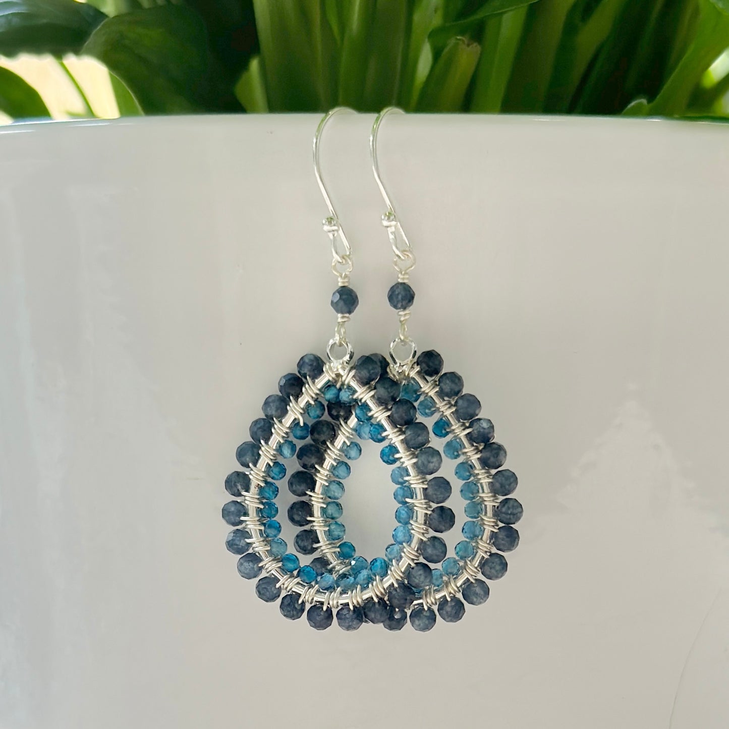 Dark Denim Blue Iolite & Topaz Blue Double Beaded Teardrop Earrings (Silver)