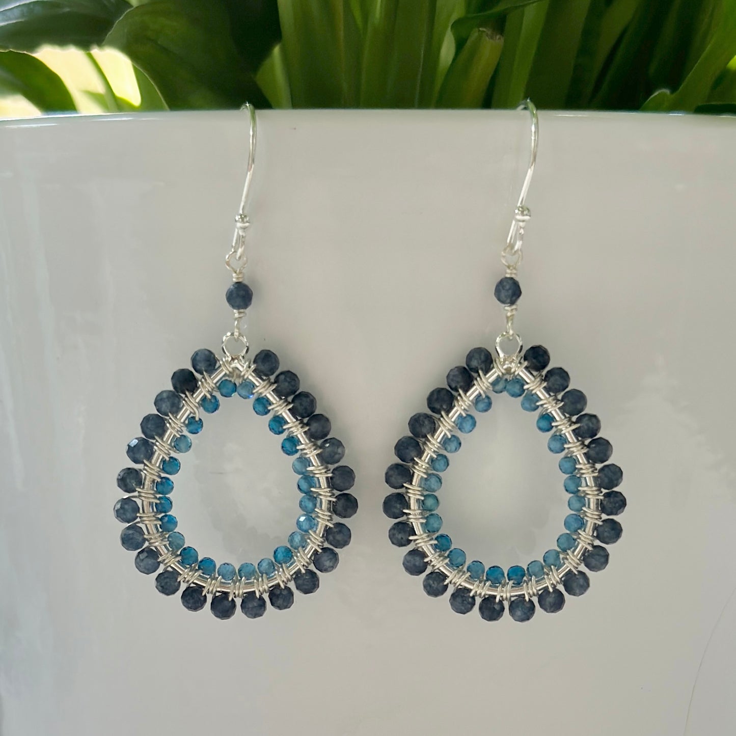 Dark Denim Blue Iolite & Topaz Blue Double Beaded Teardrop Earrings (Silver)