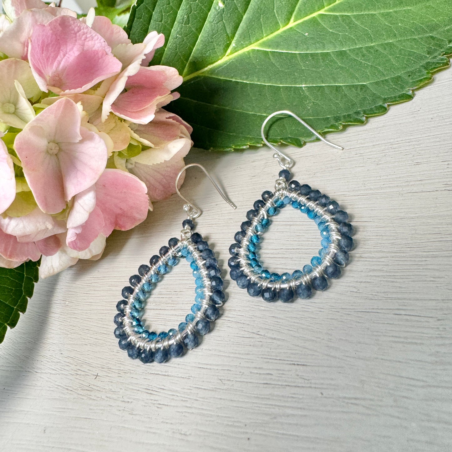 Dark Denim Blue Iolite & Topaz Blue Double Beaded Teardrop Earrings (Silver)