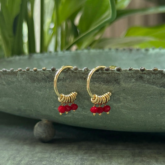 Red Jade 3-Bead Mini Hoop Earrings