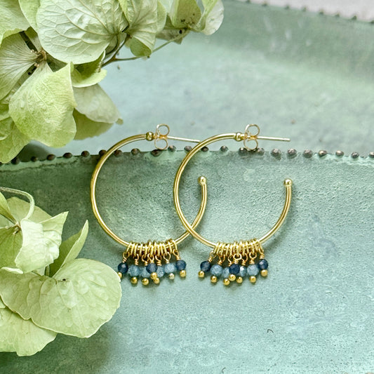 Pale Denim Blue Azurite & Dark Denim Iolite 7-Bead Midi Hoop Earrings