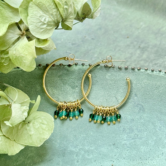 Emerald Green Jade & Mint Jade 7-Bead Midi Hoop Earrings