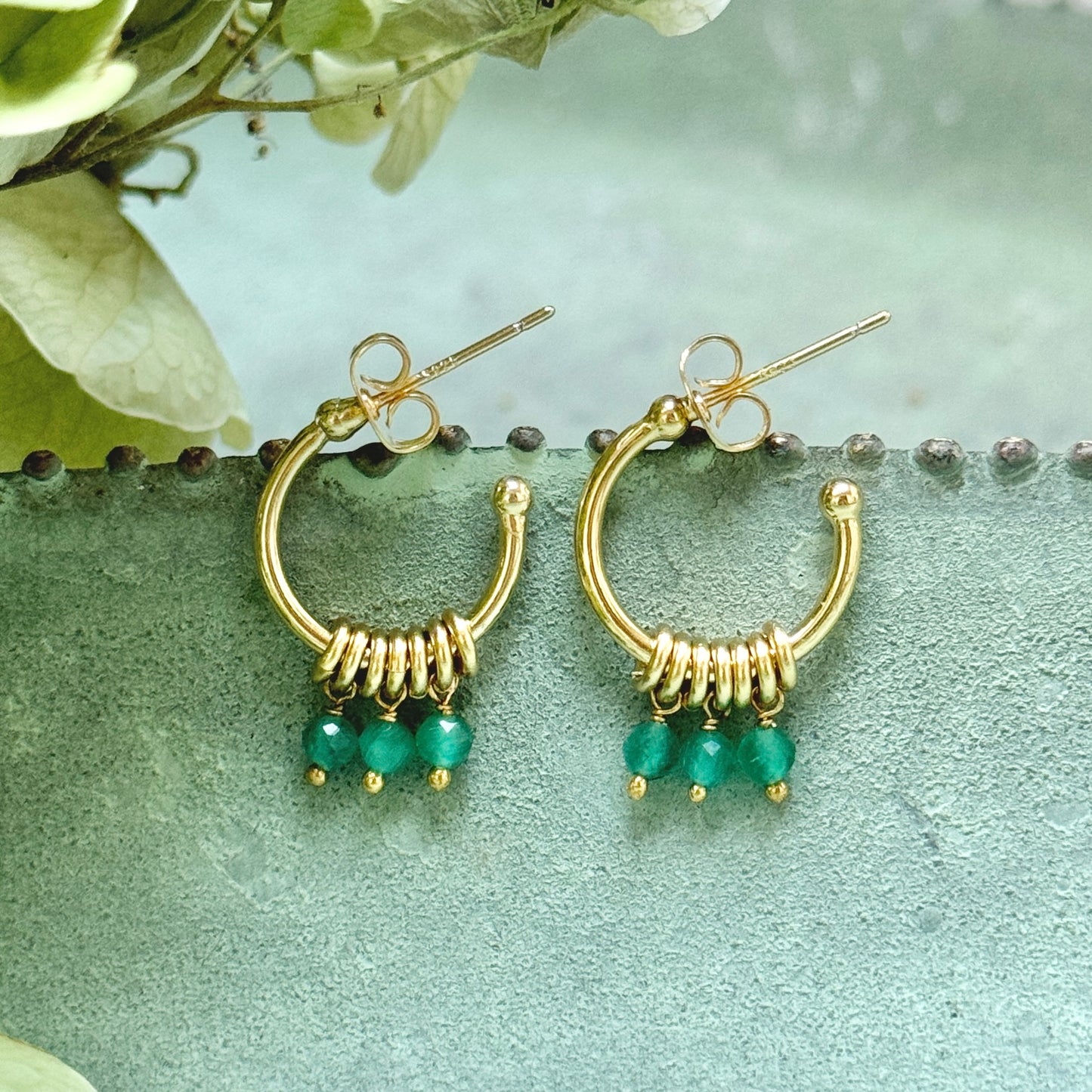 Mint Green Jade 3-Bead Mini Hoop Earrings