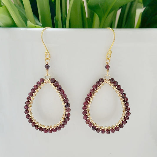 Burgundy Red Garnet Teardrop Beaded Earrings