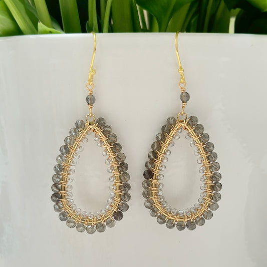 Taupe Agate & Crystal Double Beaded Long Teardrop Earrings